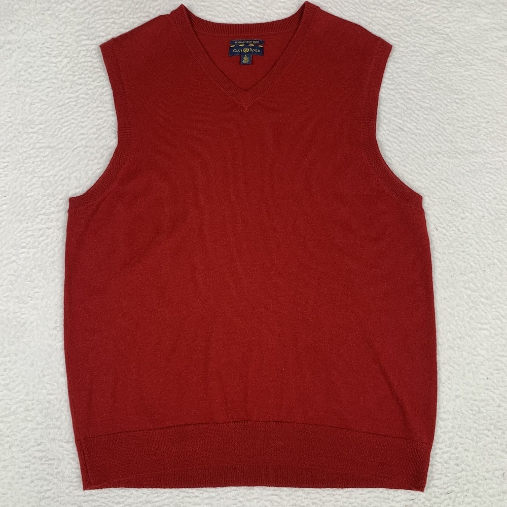 Club Room Sweater Vest Mens L Merino Wool Blend V-Neck Italian Spun Yarn Red